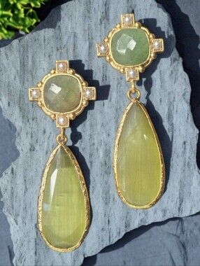 18k Gold Plated Artisan Byzantine Adventurine Peridot Glass Dangle Earrings